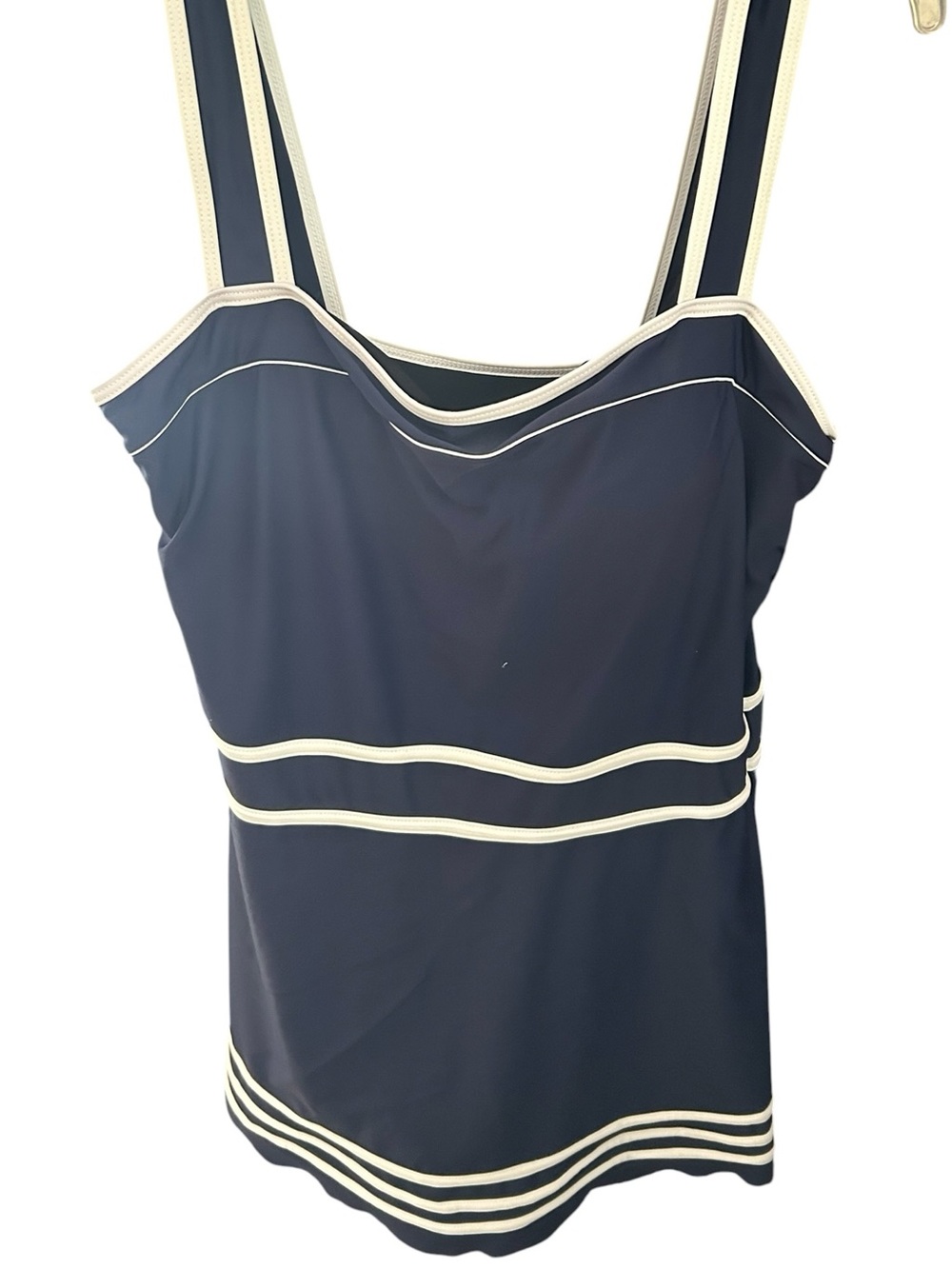 Shore Shapes Woman’s One Piece Navy & White Striped Swim Skirt Suit NWT SZ 16